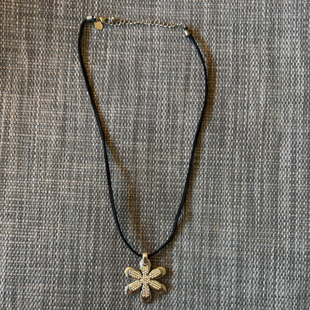 Lia Sophia Silver Flower Pendant Necklace on Black Cord